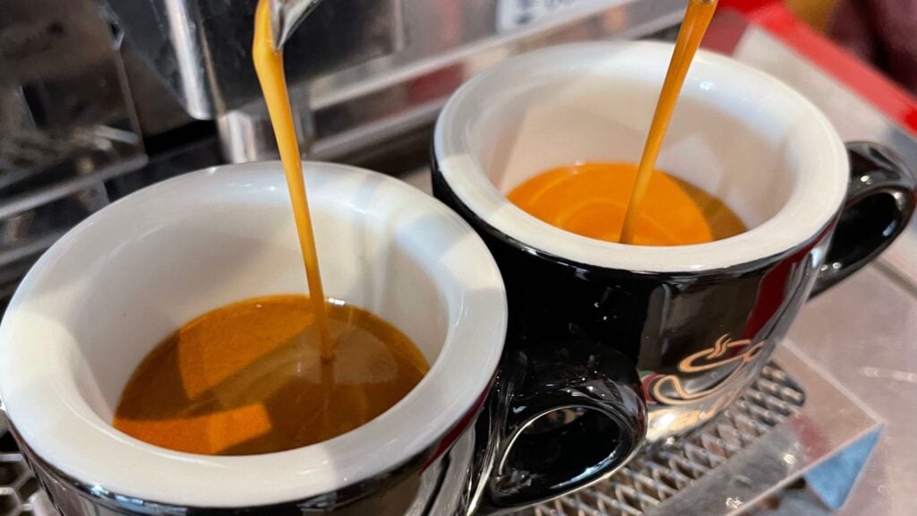 Espresso aus selbst gerösteten Bohnen fliesst aus der Siebträgermaschine in zwei moCaffé-Espressotassen.